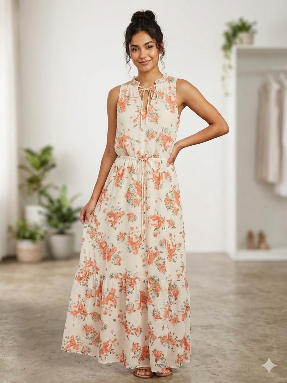 Mossimo Floral Sleeveless Maxi Dress XS Peach Orange Boho Tiered Cottagecore